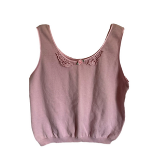 Vintage Dana Scott Chic Pink Knit Tank Top Satin & Crochet Trim Rosette Detail